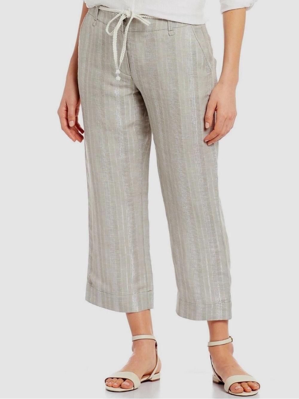 Tommy Bahama women’s linen blend striped gray and silver cropped pants size 10